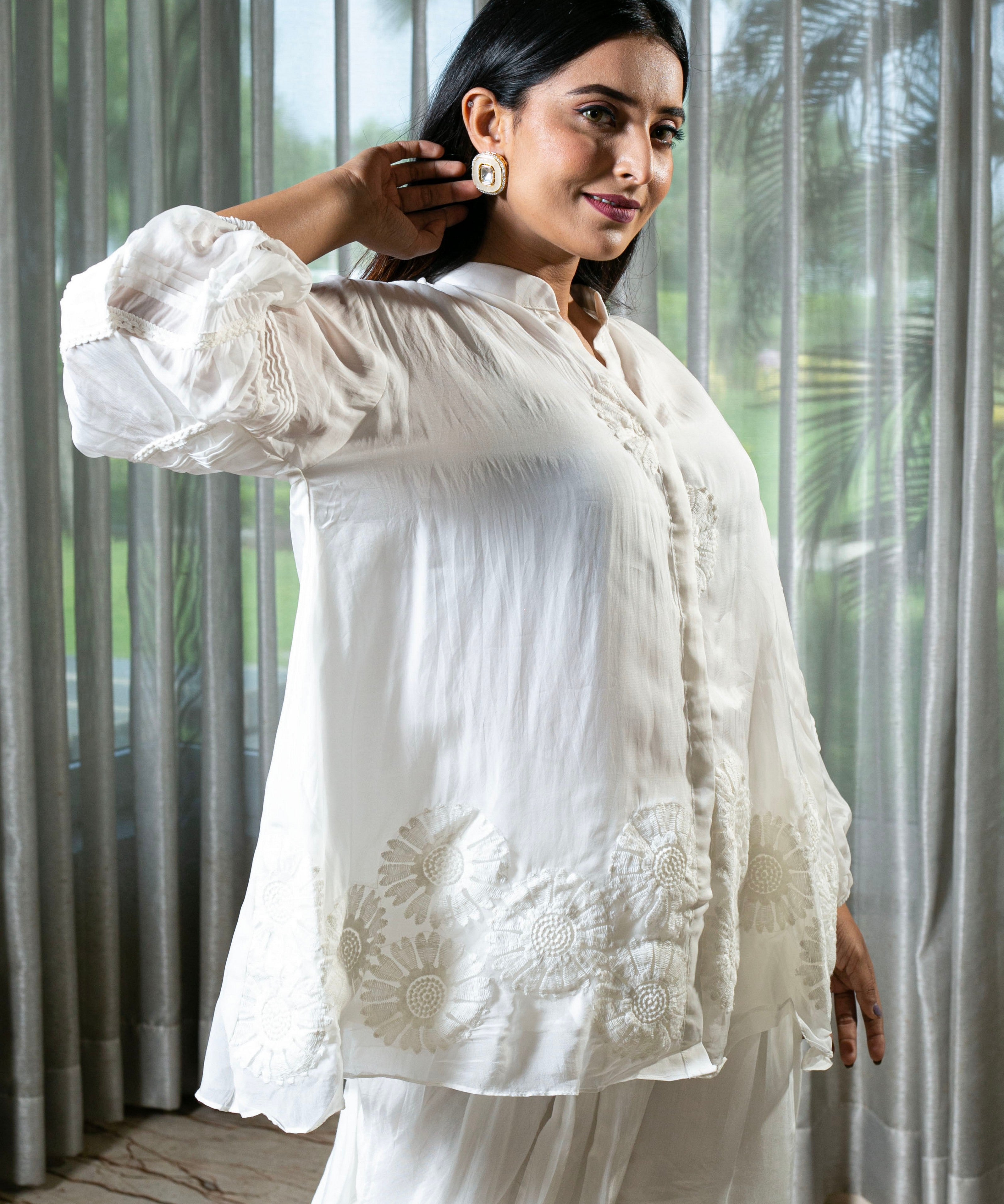 Elegant Organza White Co-ord Set with Intricate Thread Work