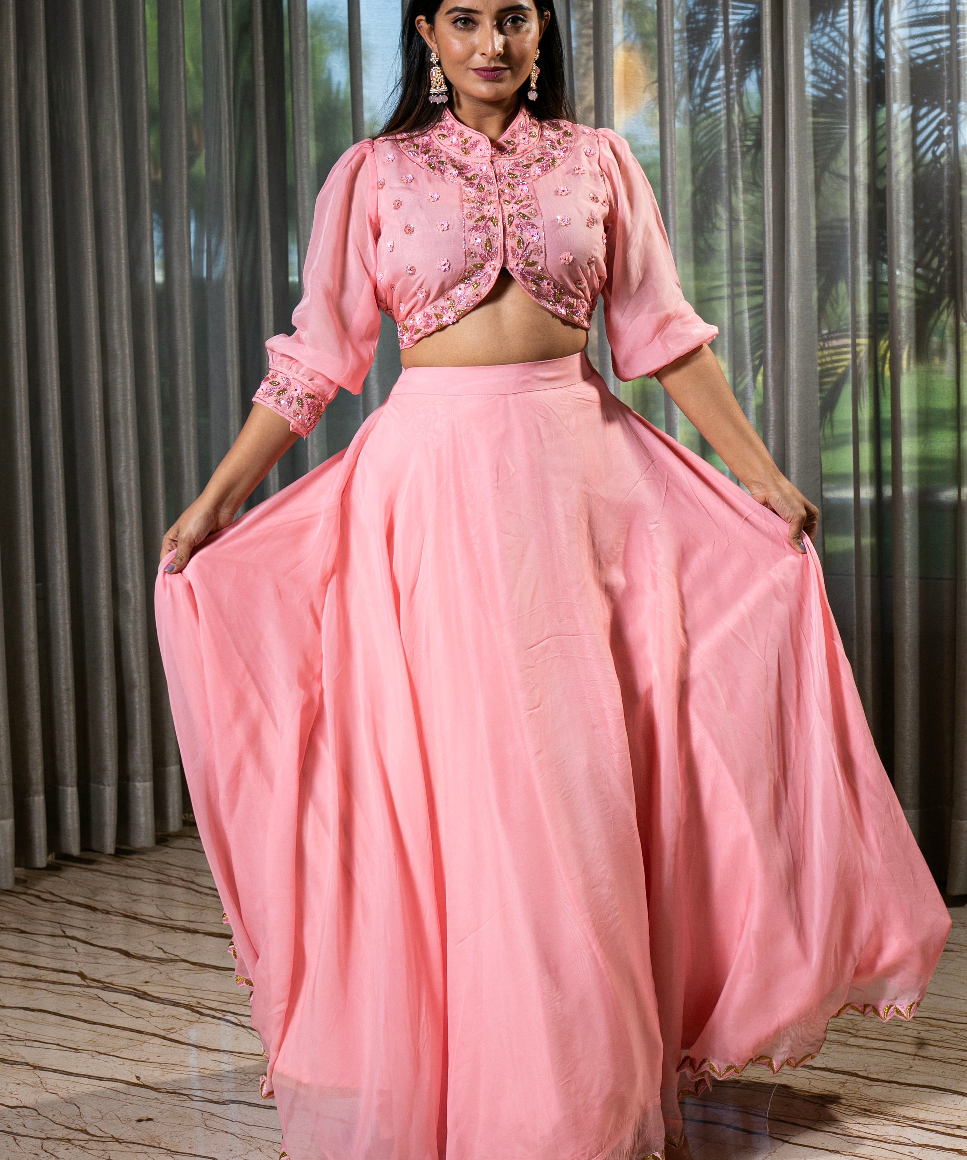 Elegant Pink Organza Lehenga with Crystal and Beadwork