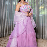 Handcrafted Lilac Lehenga with Multi-Color Sequence Blouse and Ruffle Organza Dupatta