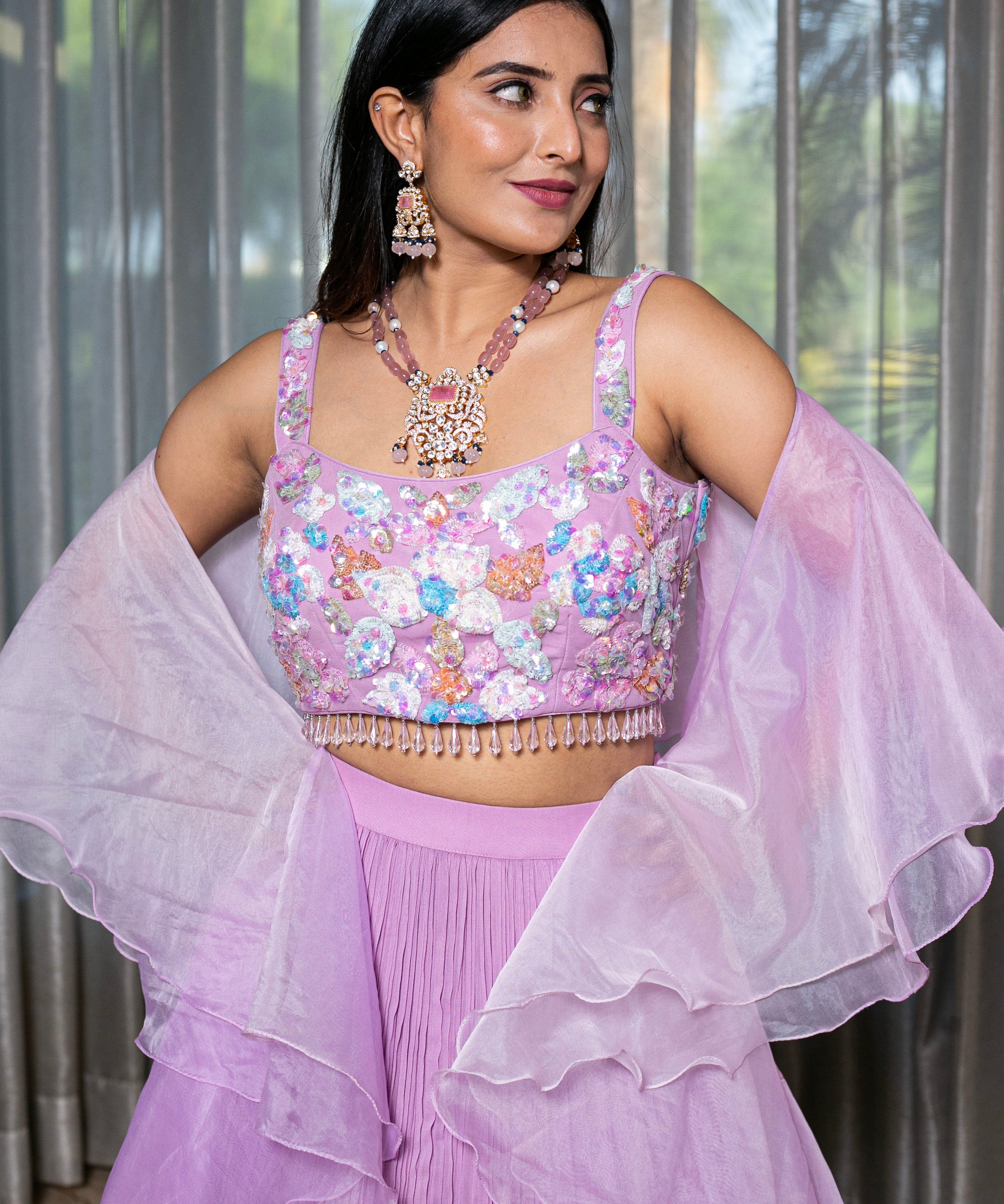 Handcrafted Lilac Lehenga with Multi-Color Sequence Blouse and Ruffle Organza Dupatta