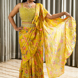 Hand Embroidered Digital Printed Chinnon Georgette Saree with Stitched Blouse