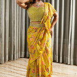 Hand Embroidered Digital Printed Chinnon Georgette Saree with Stitched Blouse