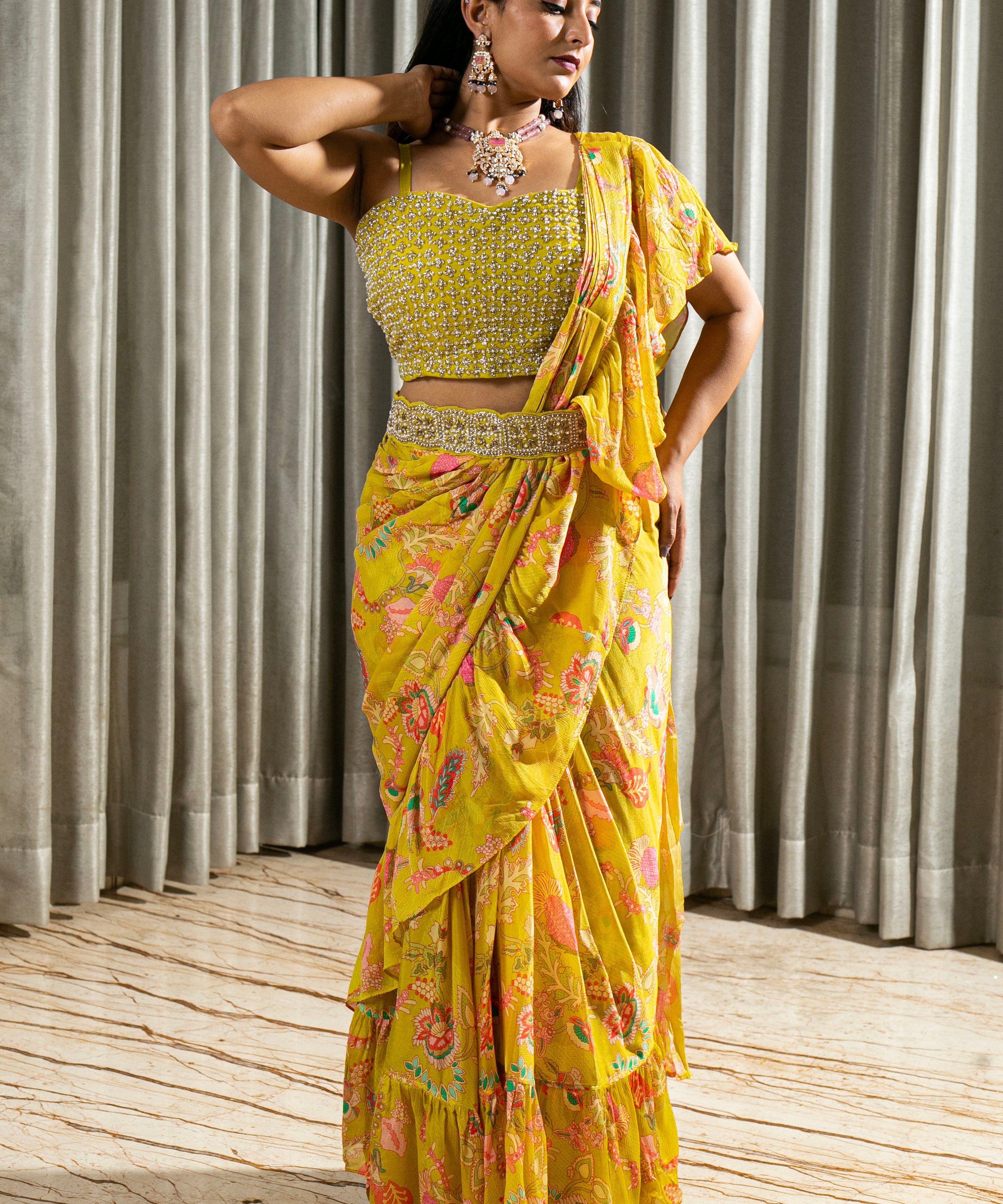 Hand Embroidered Digital Printed Chinnon Georgette Saree with Stitched Blouse