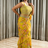 Hand Embroidered Digital Printed Chinnon Georgette Saree with Stitched Blouse