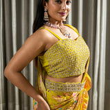 Hand Embroidered Digital Printed Chinnon Georgette Saree with Stitched Blouse