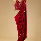 Ready-to-Wear Drape Saree, Stitched with Thread and Sequence Work Blouse and Gold Tassels