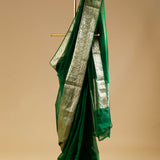 Banarasi Gold Woven Border Georgette Organza Saree with Woven Border Blouse in Bottle Green