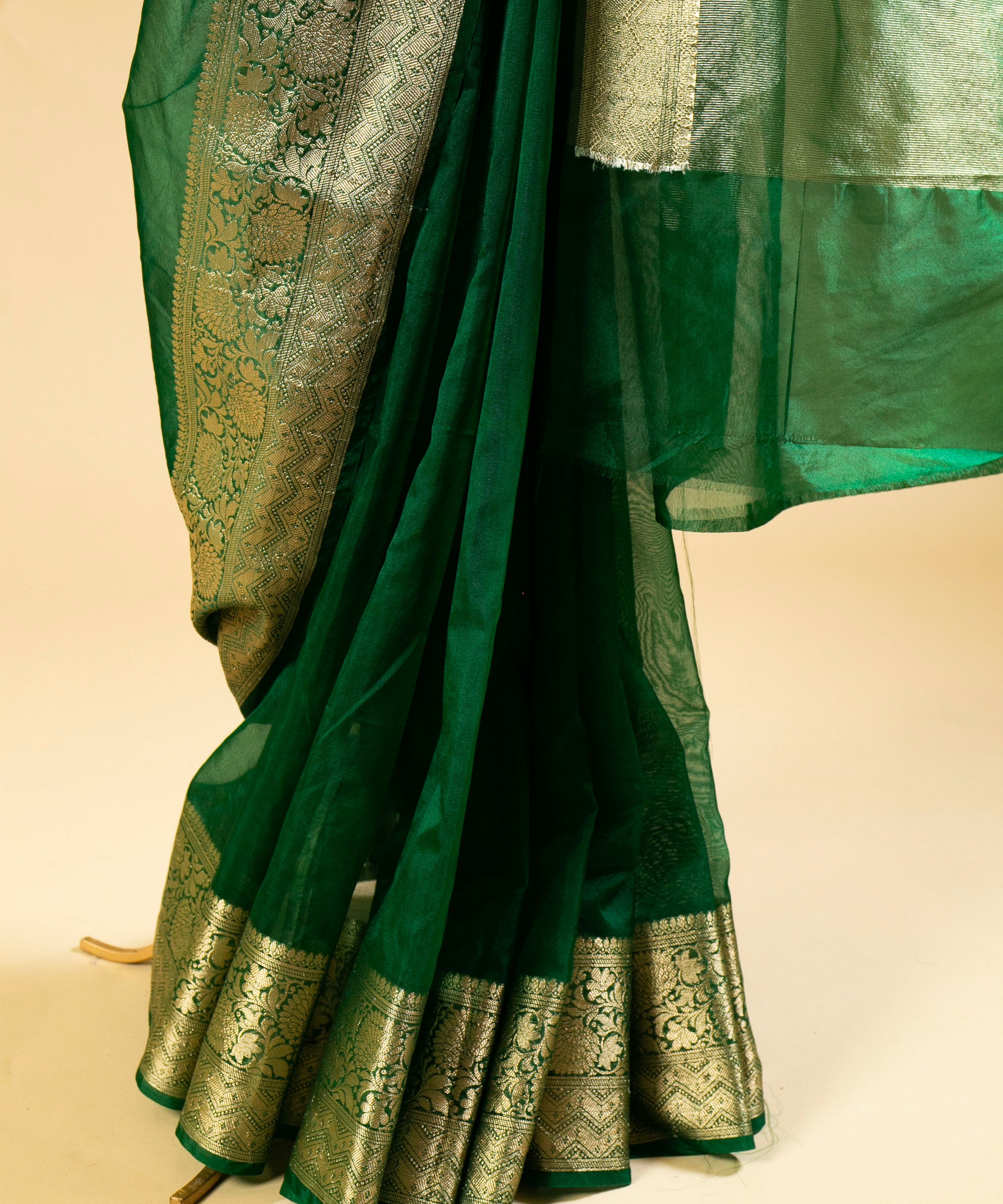 Banarasi Gold Woven Border Georgette Organza Saree with Woven Border Blouse in Bottle Green