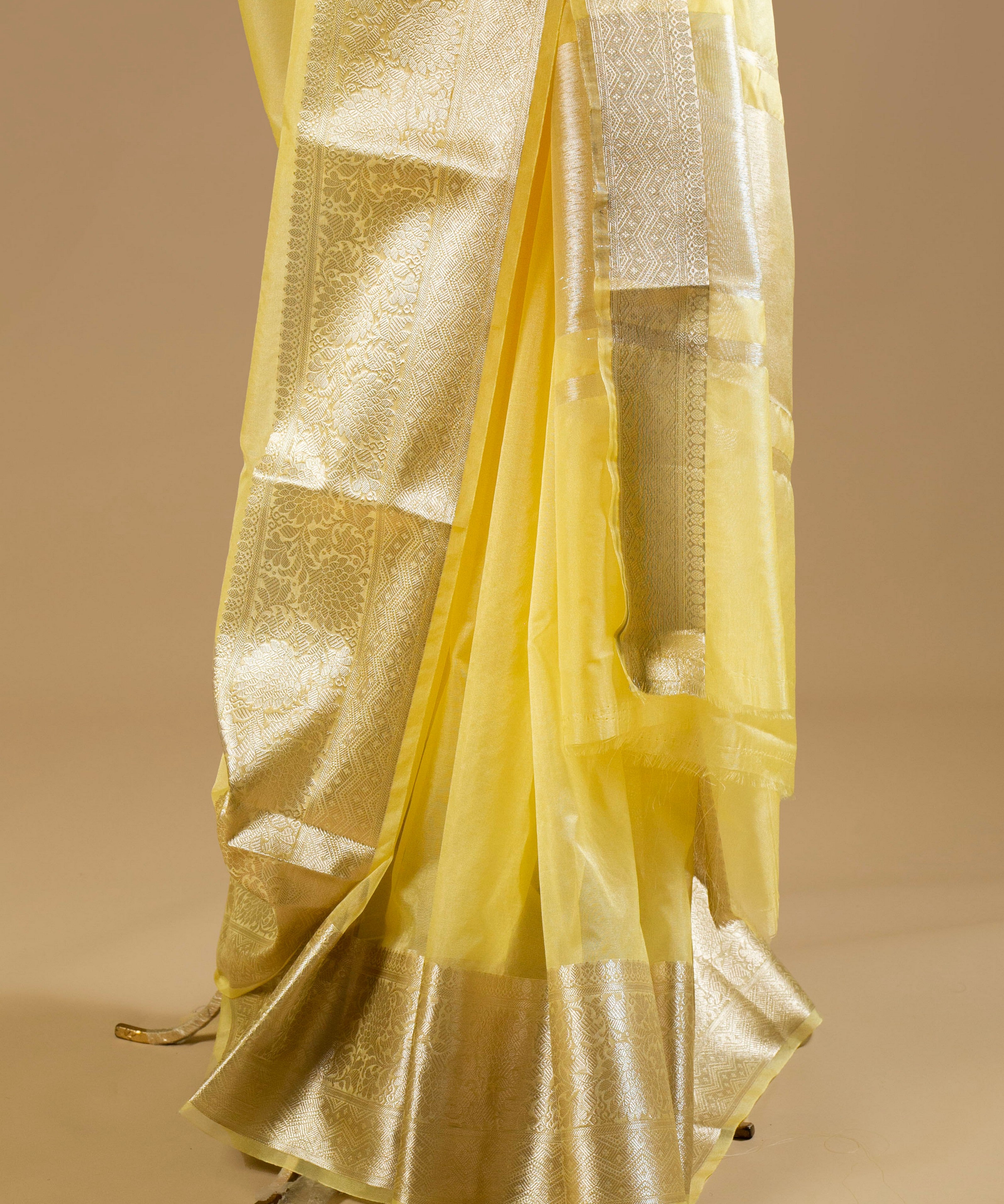 Banarasi Gold Woven Border Lemon Yellow Georgette Organza Saree with Woven Border Blouse