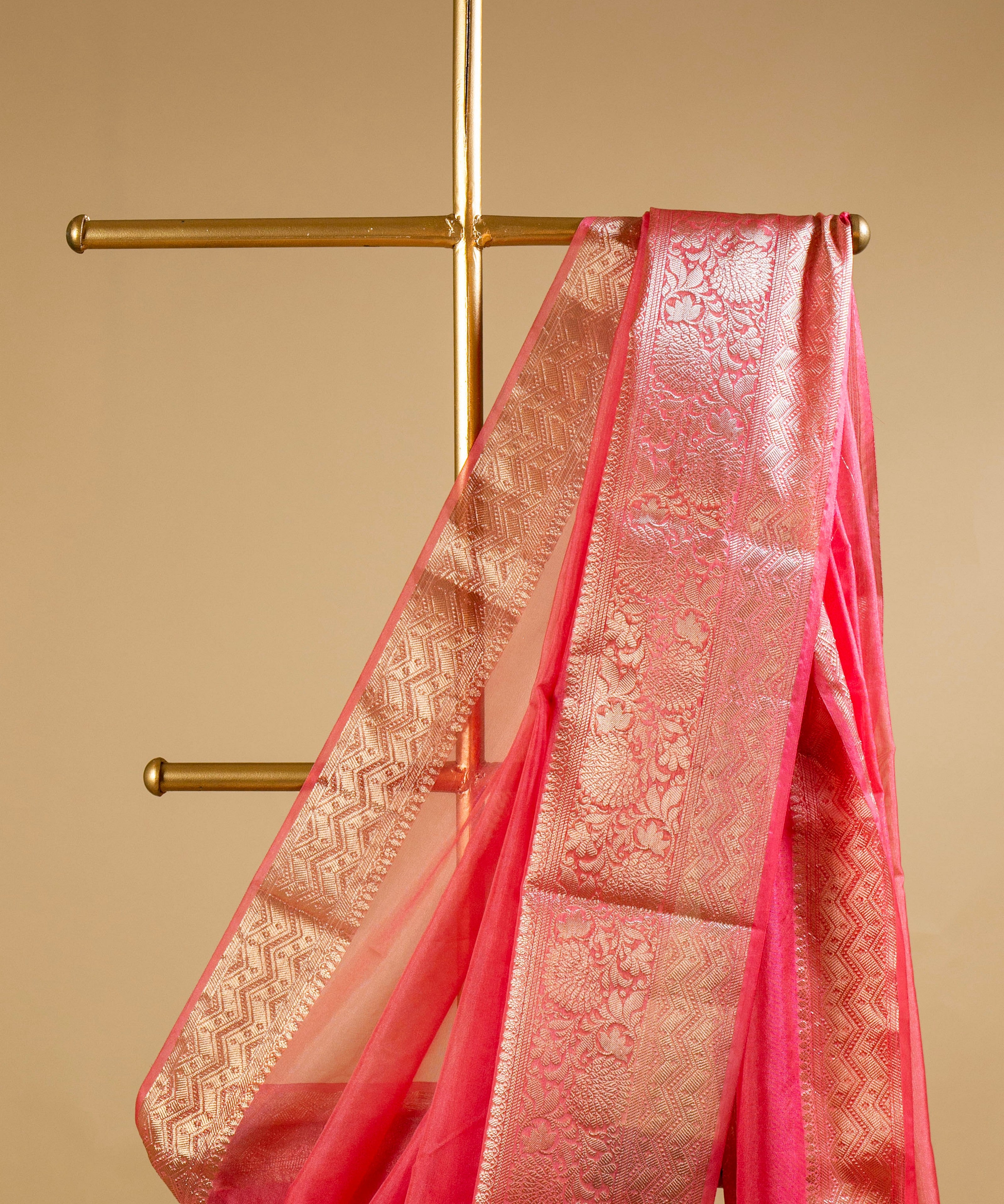 Peach Pink Banarasi Organza Saree with Gold Woven Border