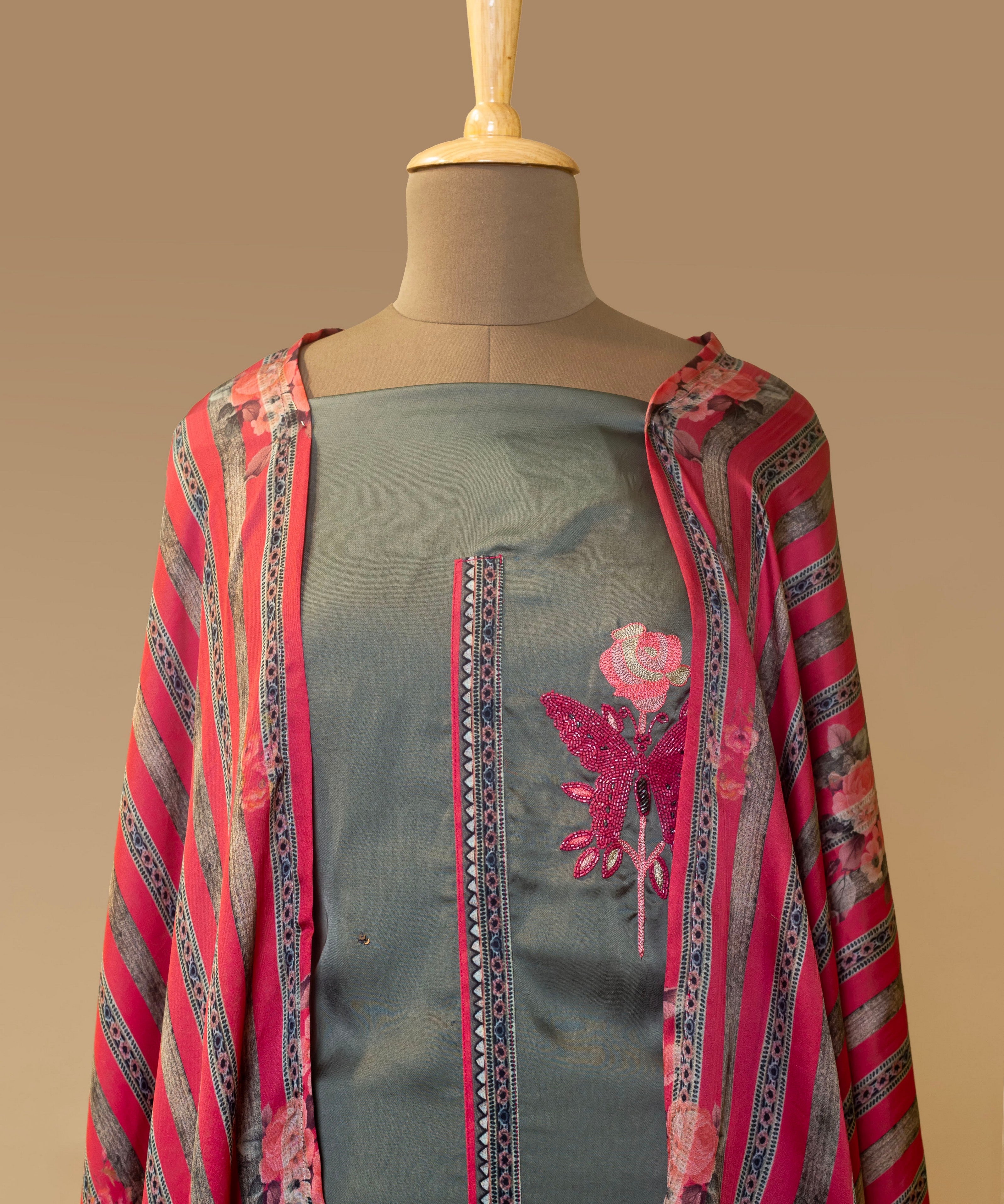 Stylish Grey Satin Georgette Party Suit with Multicolor Bead Work & Digital Dupatta