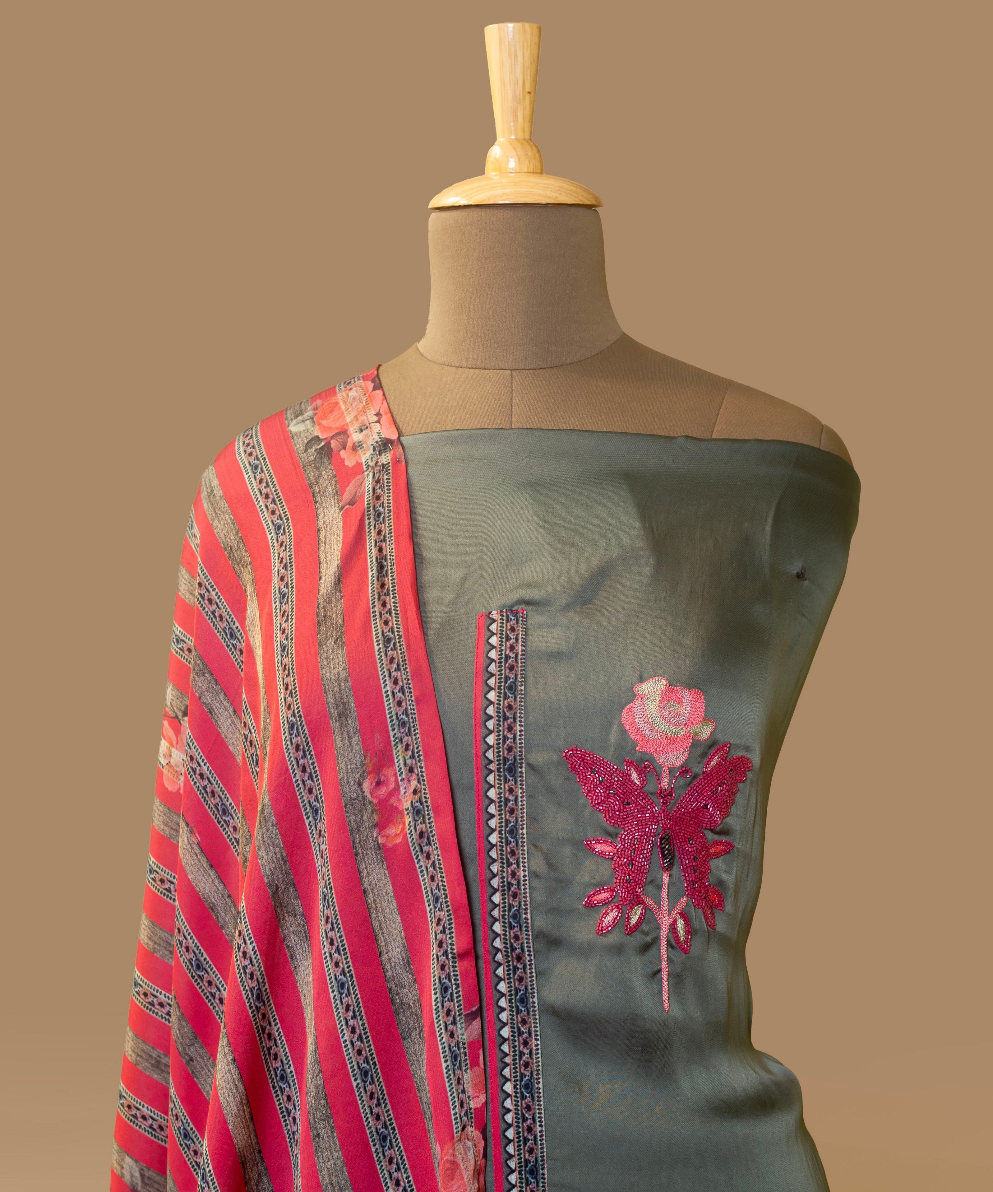Stylish Grey Satin Georgette Party Suit with Multicolor Bead Work & Digital Dupatta