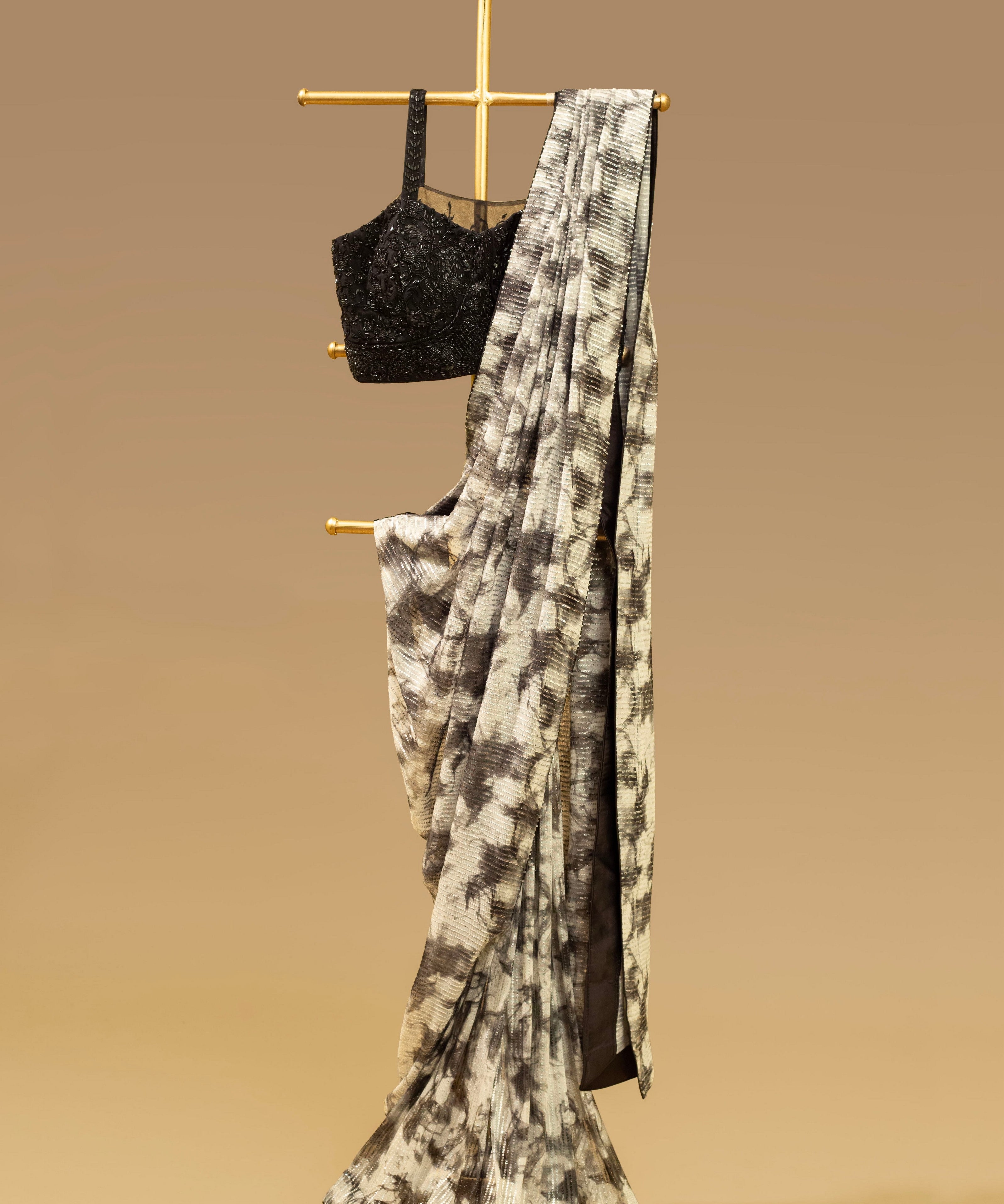 Stylish Black Sequence work Cocktail Saree with Crystal Pipe work Blouse