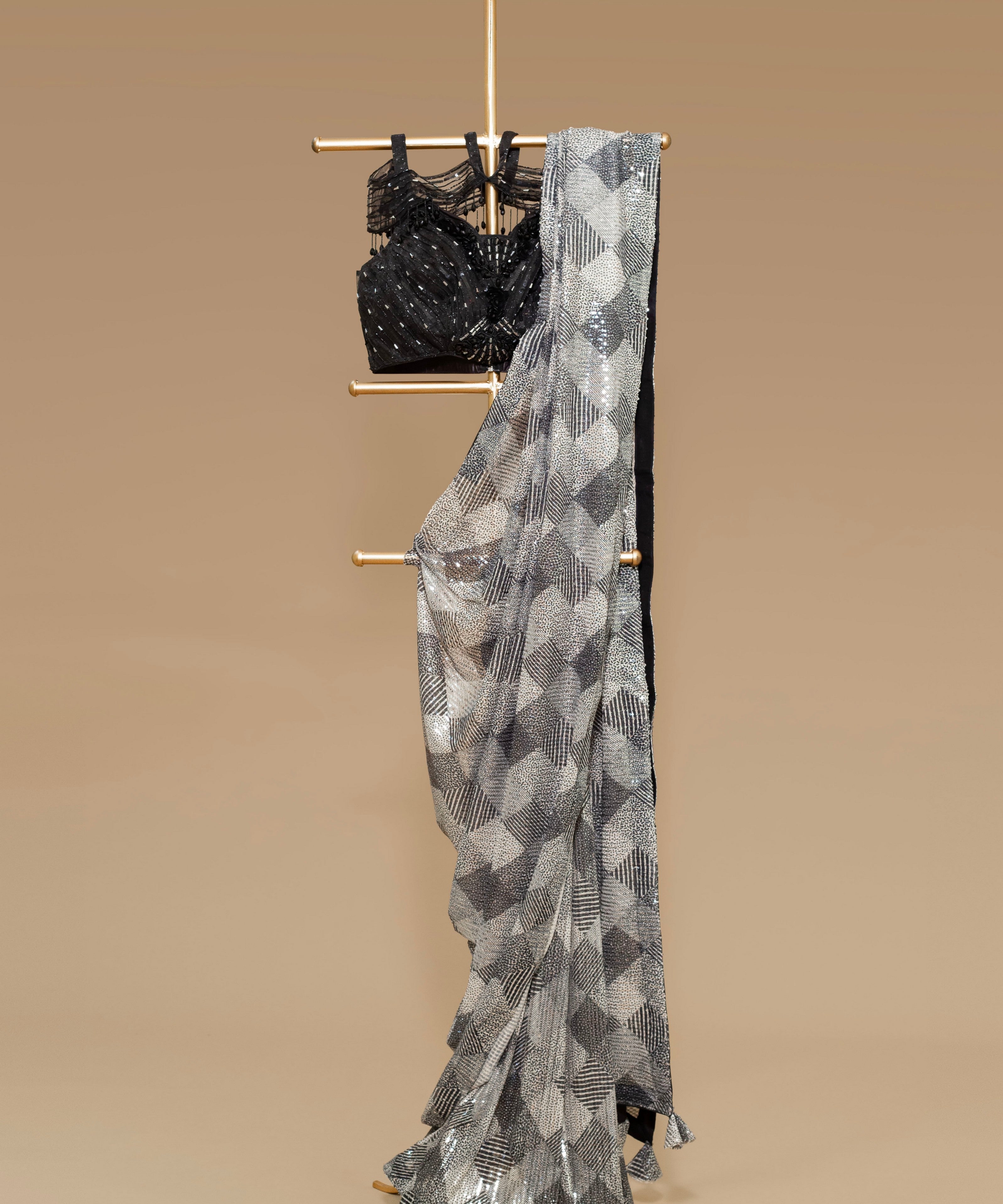 Stylish Black Sequence work Cocktail Saree with Crystal Pipe work Blouse