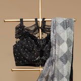 Stylish Black Sequence work Cocktail Saree with Crystal Pipe work Blouse