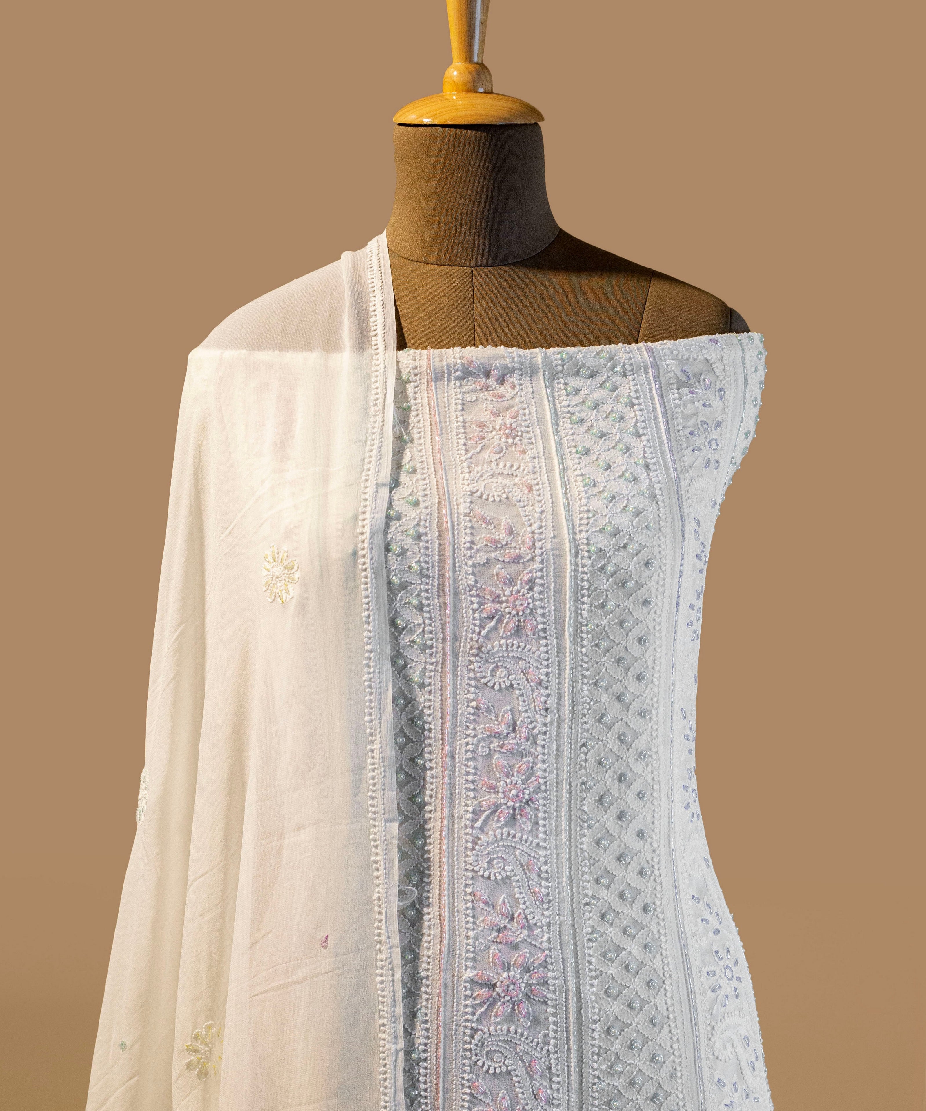 Dyeable Pure Georgette Crystal Pipe Hand Embroidered Anarkali